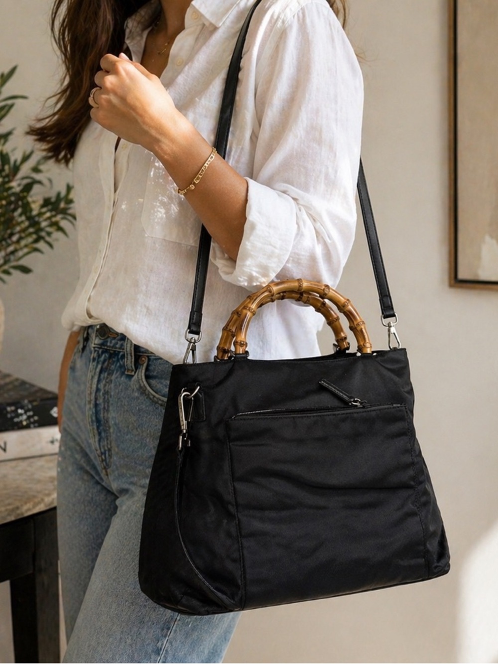 Gucci Bamboo Handle Nylon Shoulder Bag | Black | Made in Italy | Classic Icon